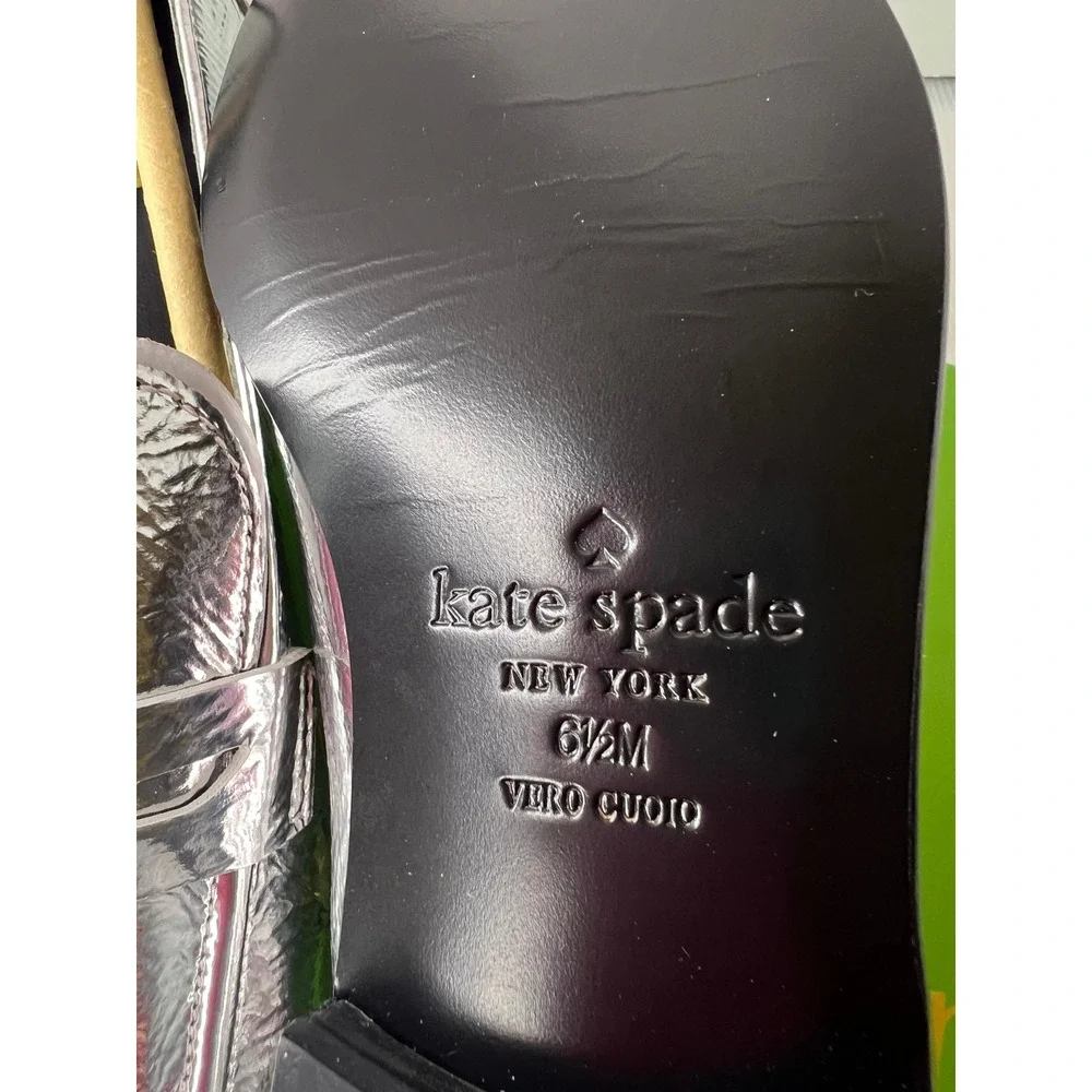 Kate Spade Silver Metallic‎ Leather Genevieve Loafers Almond Toe Flats 6.5M Box
